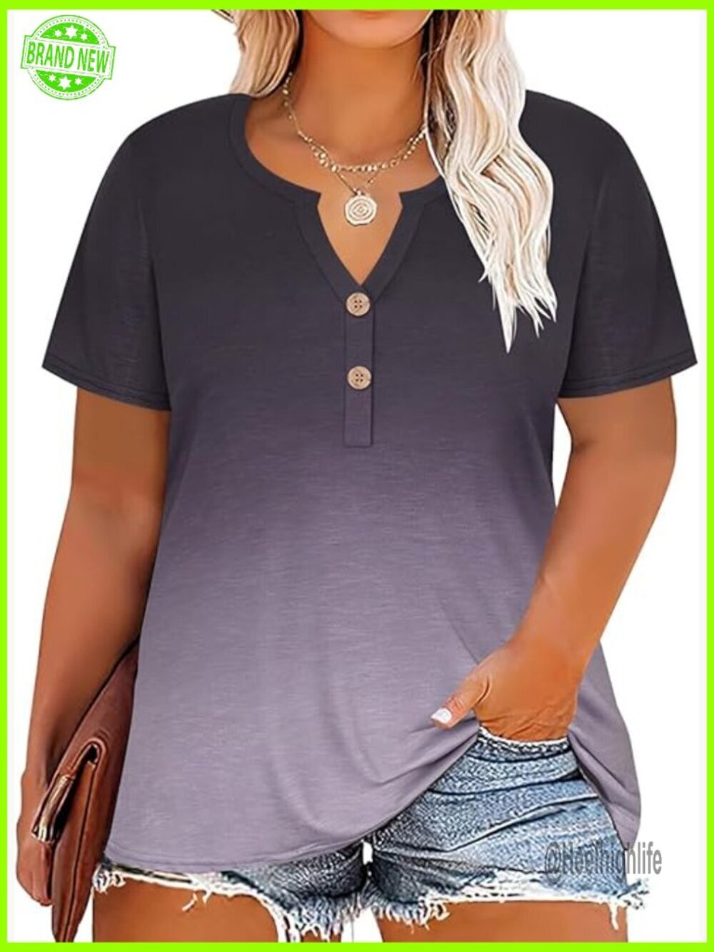 Plus Size V-Neck Henley T-Shirt Loose Fit Short Sleeve Summer Top